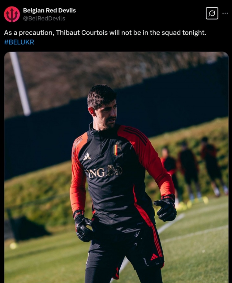 膝蓋出現(xiàn)傷情，比利時官方：作為預防措施，庫爾圖瓦不出戰(zhàn)烏克蘭