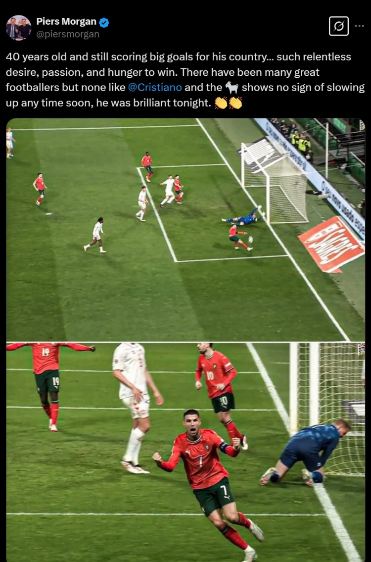 摩根叒稱贊C羅：40歲了還如此渴望勝利，沒有球員能做到GOAT這樣