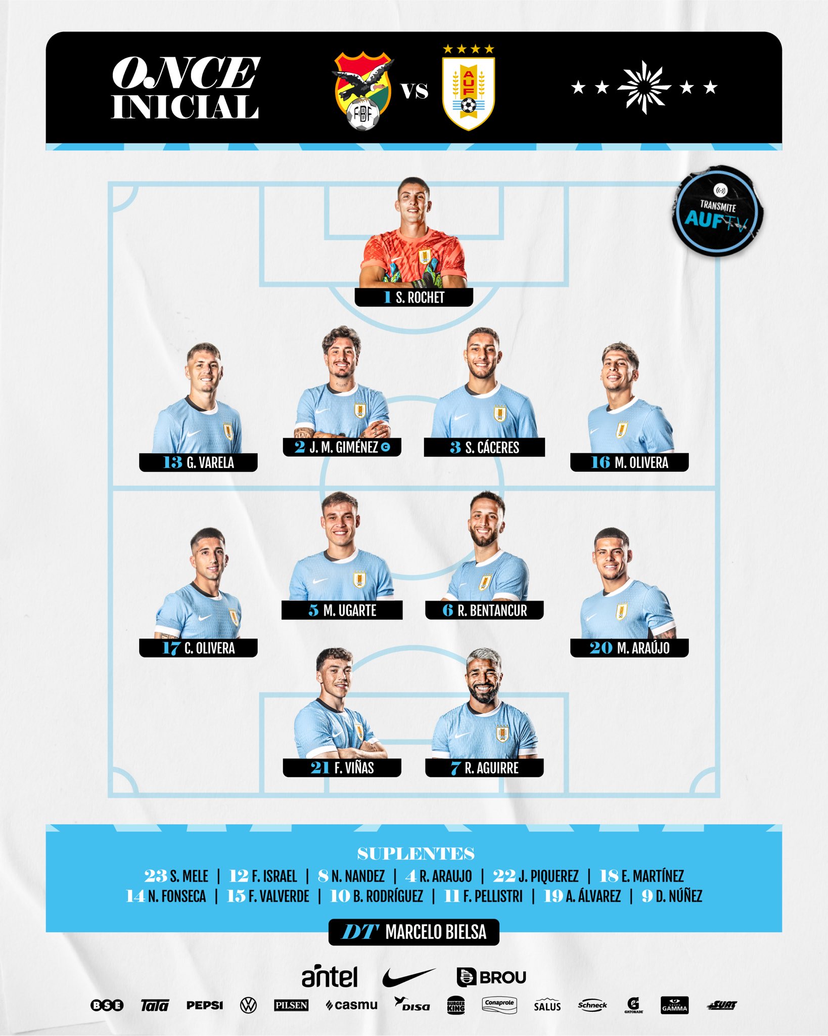 烏拉圭vs玻利維亞首發(fā)：巴爾韋德&阿勞霍&努涅斯替補(bǔ)，烏加特先發(fā)