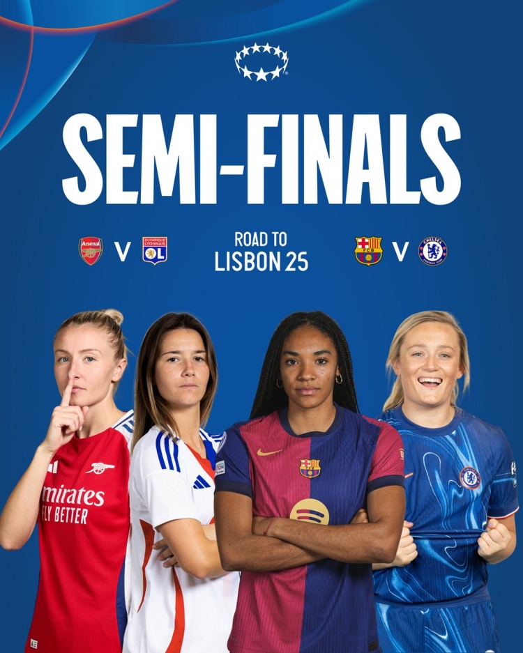 女足歐冠半決賽對陣：阿森納vs里昂，巴薩vs切爾西